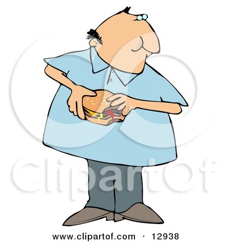 Chubby Man Eating a Fast Food Cheeseburger Clipart Illustration by djart