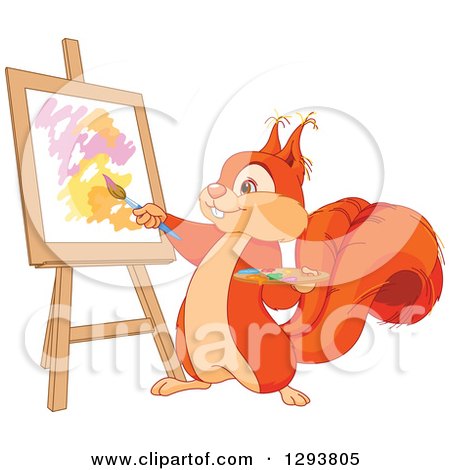 Clipart of a Cute Happy Squirrel Artist Painting a Canvas on an Easel - Royalty Free Vector Illustration by Pushkin