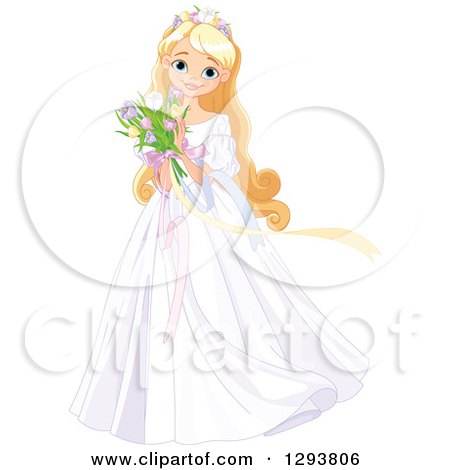 Clipart of a Happy Blond, Blue Eyed Caucasian Princess in a White Dress, Holding a Bouquet of Spring Tulip Flowers - Royalty Free Vector Illustration by Pushkin