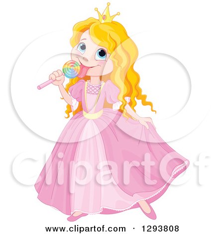 Clipart of a Strawberry Blond Caucasian Princess in a Pink Dress, Eating a Lollipop - Royalty Free Vector Illustration by Pushkin
