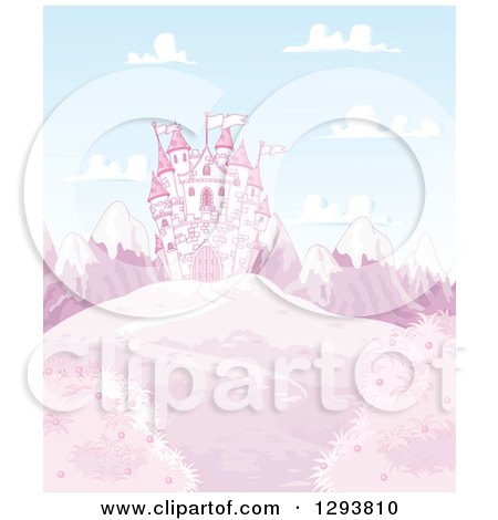 Clipart of a Path Leading to a Fairy Tale Castle on a Pink Hill with Snow Capped Mountains - Royalty Free Vector Illustration by Pushkin