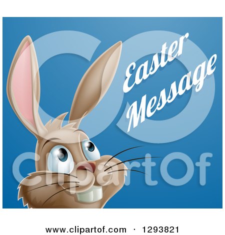 Holiday Clipart of a Happy Brown Easter Bunny Rabbit Looking up to Sample Text on Blue - Royalty Free Vector Illustration by AtStockIllustration