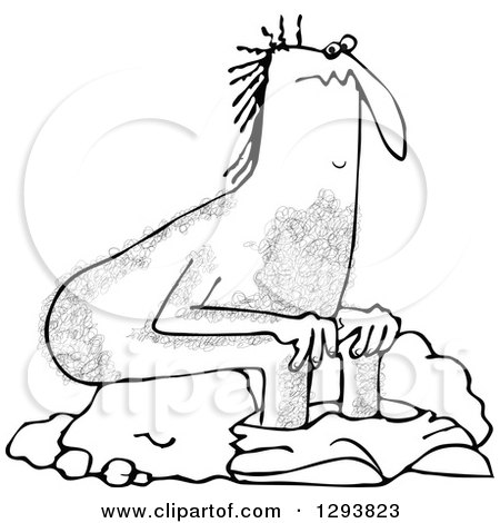 Lineart Clipart of a Black and White Hairy Caveman Pooping and Sitting on a Rock - Royalty Free Outline Vector Illustration by djart