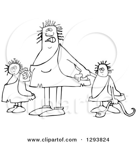 Lineart Clipart of a Black and White Mad Chubby Cavewoman Mom with Two Trouble Maker Children - Royalty Free Outline Vector Illustration by djart