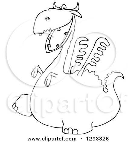 Lineart Clipart of a Black and White Dragon Walking to the Left - Royalty Free Outline Vector Illustration by djart