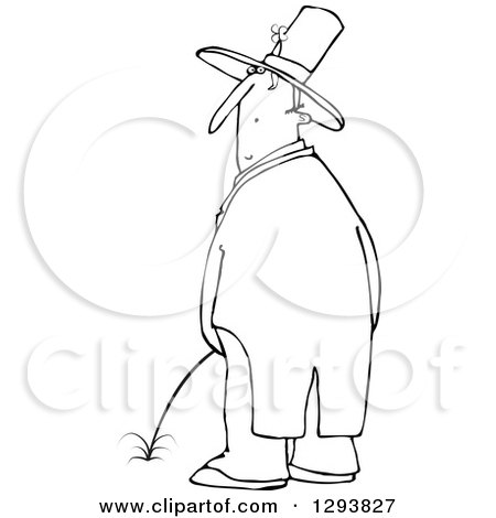 Lineart Clipart of a Black and White St Patricks Day Leprechaun Looking Back over His Shoulder and Peeing - Royalty Free Outline Vector Illustration by djart