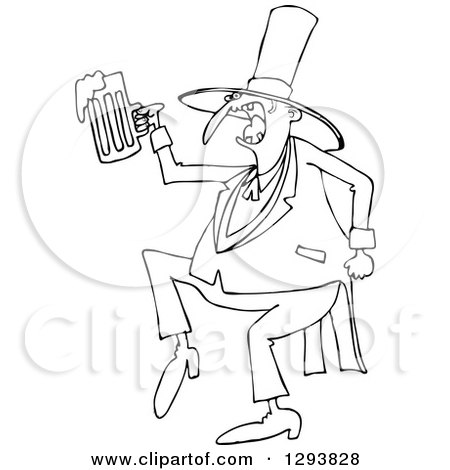 Lineart Clipart of a Black and White Drunk St Patricks Day Leprechaun Dancing with Beer - Royalty Free Outline Vector Illustration by djart