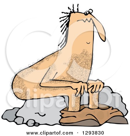 Clipart of a Hairy Caveman Pooping and Sitting on a Rock - Royalty Free Vector Illustration by djart