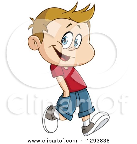 Clipart of a Casual Happy Dirty Blond White Boy Walking Wit His Hands in His Pockets - Royalty Free Vector Illustration by yayayoyo