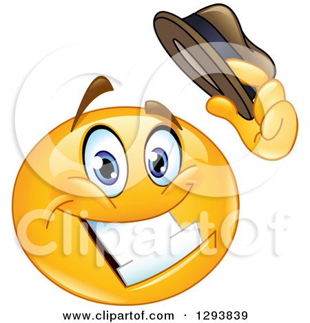 Clipart of a Grinning Yellow Smiley Emoticon Face Tipping His Hat - Royalty Free Vector Illustration by yayayoyo