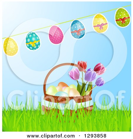Clipart of a Banner of Decorated Easter Eggs over a 3d Basket with Tulip Flowers in Grass, over Blue - Royalty Free Vector Illustration by elaineitalia