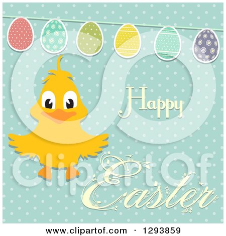 Clipart of a Happy Chick with Happy Easter Text and an Egg Bunting on Polka Dots - Royalty Free Vector Illustration by elaineitalia