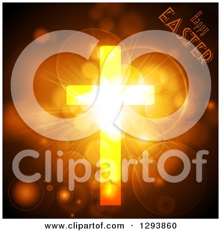 Clipart of a Golden Cross with Glowing Flares and Light with Happy Easter Text - Royalty Free Vector Illustration by elaineitalia