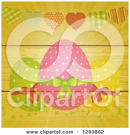 Clipart of a Background of Polka Dot Easter Eggs, Vines and a Heart Bunting with Rays on Wood - Royalty Free Vector Illustration by elaineitalia