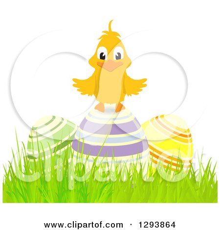 Clipart of a Happy Chick on 3d Colorful Striped Easter Eggs in Grass - Royalty Free Vector Illustration by elaineitalia