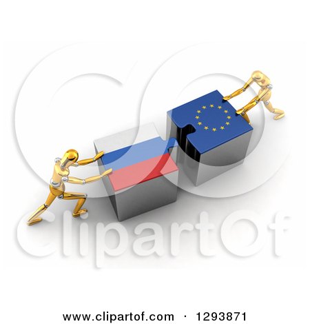 Clipart of 3d Gold Mannequins Pushing Russian and European Flag Puzzle Pieces Together to Find a Solution - Royalty Free Illustration by stockillustrations