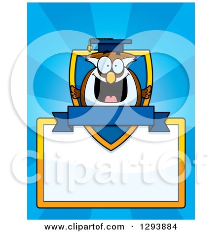 Clipart of a Badge or Label of a Happy Professor Owl over a Shield, Blank Sign and Banner with Blue Rays - Royalty Free Vector Illustration by Cory Thoman