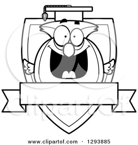 Clipart of a Badge or Label of a Black and White Happy Professor Owl over a Shield and Blank Banner - Royalty Free Vector Illustration by Cory Thoman