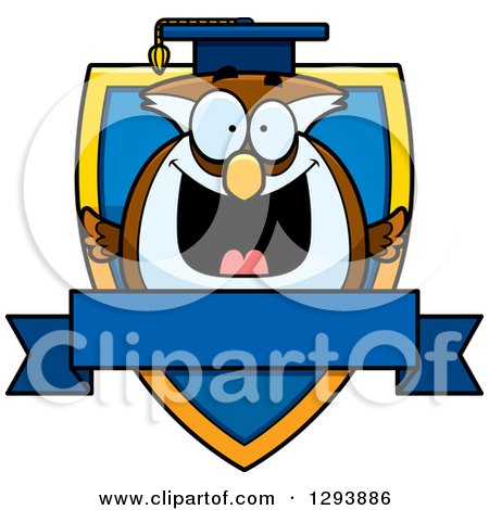 Clipart of a Badge or Label of a Happy Professor Owl over a Shield and Blank Banner - Royalty Free Vector Illustration by Cory Thoman