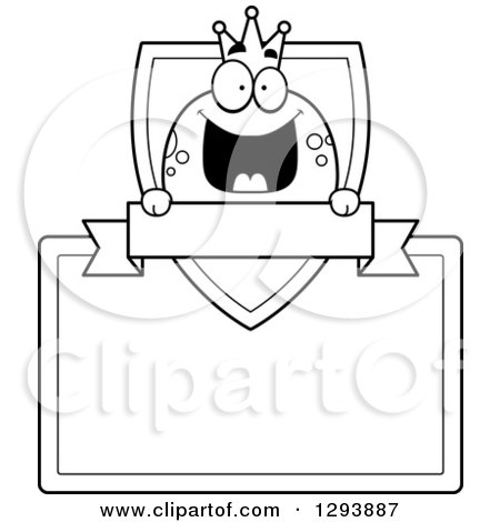 Clipart of a Badge or Label of a Black and White Happy Frog Prince over a Shield, Blank Sign and Banner - Royalty Free Vector Illustration by Cory Thoman