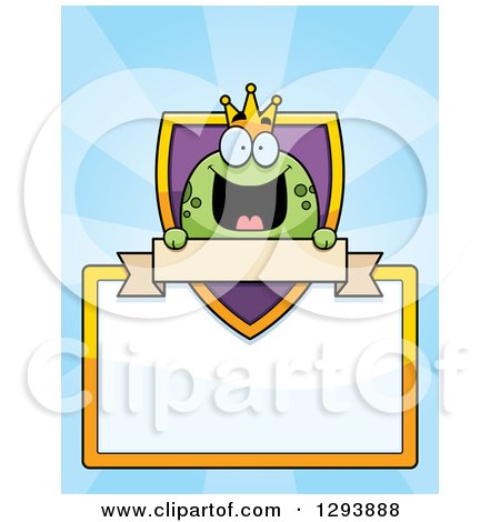 Clipart of a Badge or Label of a Happy Frog Prince over a Shield, Blank Sign and Banner over Blue Rays - Royalty Free Vector Illustration by Cory Thoman