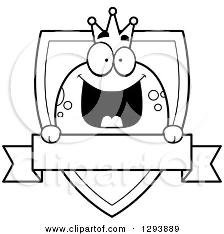 Clipart of a Badge or Label of a Black and White Happy Frog Prince over a Shield and Blank Banner - Royalty Free Vector Illustration by Cory Thoman