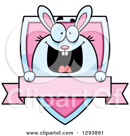 Clipart of a Badge or Label of a Happy Bunny Rabbit over a Pink Shield and Blank Banner - Royalty Free Vector Illustration by Cory Thoman