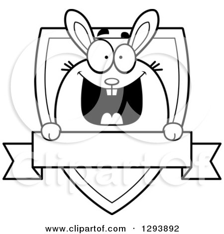 Clipart of a Badge or Label of a Happy Black and White Bunny Rabbit over a Shield and Blank Banner - Royalty Free Vector Illustration by Cory Thoman
