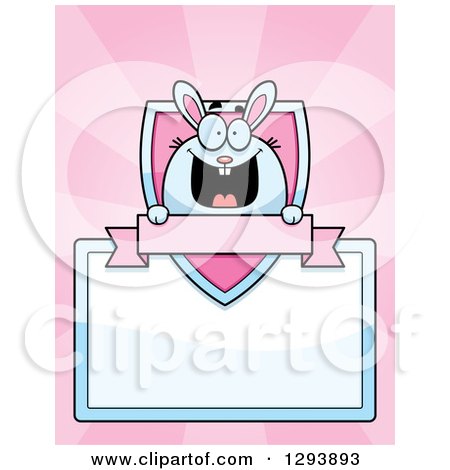 Clipart of a Badge or Label of a Happy Bunny Rabbit over a Pink Shield and Blank Banner and Sign over Rays - Royalty Free Vector Illustration by Cory Thoman