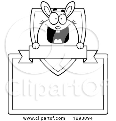 Clipart of a Badge or Label of a Black and White Happy Bunny Rabbit over a Shield and Blank Banner and Sign - Royalty Free Vector Illustration by Cory Thoman