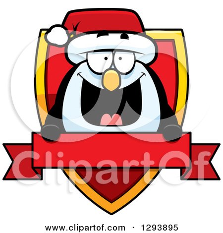 Clipart of a Badge or Label of a Happy Christmas Penguin over a Shield and Blank Banner - Royalty Free Vector Illustration by Cory Thoman