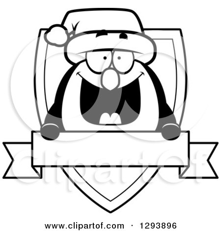Clipart of a Badge or Label of a Black and White Happy Christmas Penguin over a Shield and Blank Banner - Royalty Free Vector Illustration by Cory Thoman