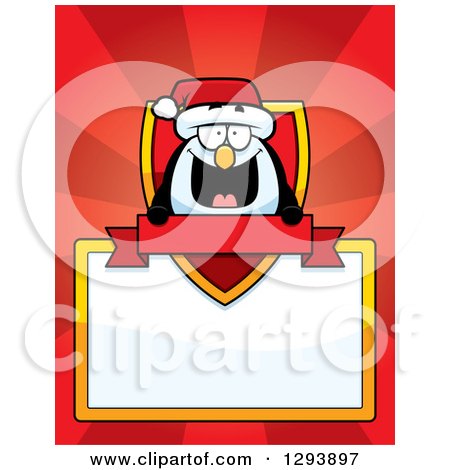 Clipart of a Badge or Label of a Happy Christmas Penguin with a Shield, Blank Sign, Banner and Red Rays - Royalty Free Vector Illustration by Cory Thoman