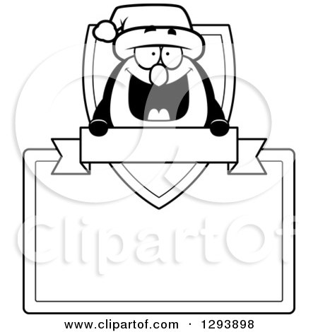 Clipart of a Badge or Label of a Black and White Happy Christmas Penguin with a Shield, Blank Sign and Banner - Royalty Free Vector Illustration by Cory Thoman