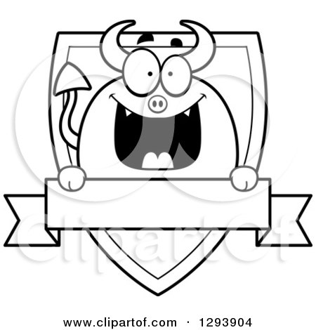 Clipart of a Badge or Label of a Black and White Happy Devil over a Shield and Blank Banner - Royalty Free Vector Illustration by Cory Thoman