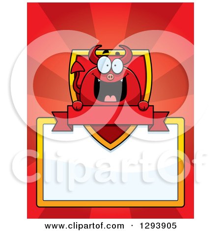 Clipart of a Badge or Label of a Happy Devil with a Shield, Blank Sign and Banner over Red Rays - Royalty Free Vector Illustration by Cory Thoman