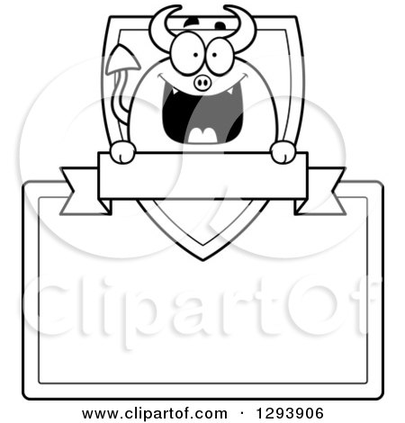 Clipart of a Badge or Label of a Black and White Happy Devil with a Shield, Blank Sign and Banner - Royalty Free Vector Illustration by Cory Thoman