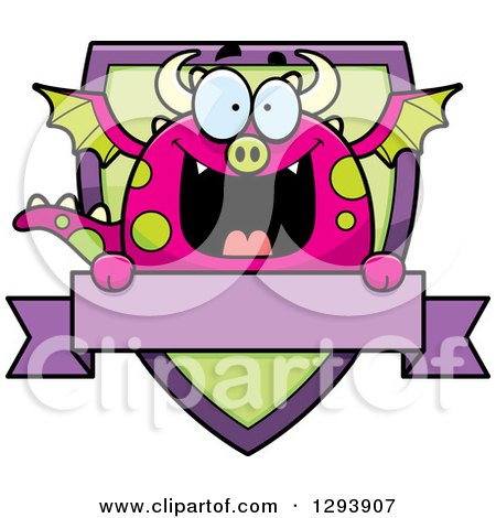 Clipart of a Badge or Label of a Happy Dragon over a Shield and Blank Banner - Royalty Free Vector Illustration by Cory Thoman