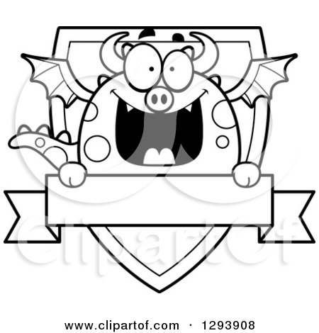 Clipart of a Badge or Label of a Happy Black and White Dragon over a Shield and Blank Banner - Royalty Free Vector Illustration by Cory Thoman