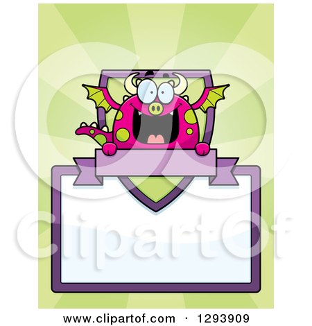 Clipart of a Badge or Label of a Happy Dragon with a Shield, Banner and Blank Sign over Green Rays - Royalty Free Vector Illustration by Cory Thoman
