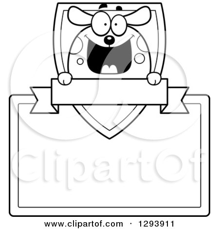 Clipart of a Badge or Label of a Black and White Happy Dog with a Shield, Banner and Blank Sign - Royalty Free Vector Illustration by Cory Thoman