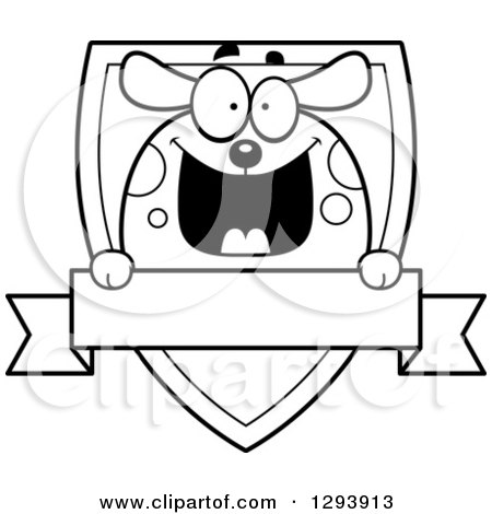 Clipart of a Badge or Label of a Happy Black and White Dog over a Shield and Blank Banner - Royalty Free Vector Illustration by Cory Thoman