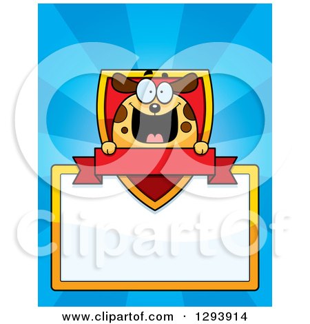 Clipart of a Badge or Label of a Happy Dog with a Shield, Banner and Blank Sign over Blue Rays - Royalty Free Vector Illustration by Cory Thoman