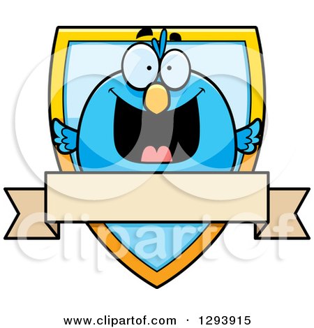 Clipart of a Badge or Label of a Happy Blue Bird over a Shield and Blank Banner - Royalty Free Vector Illustration by Cory Thoman