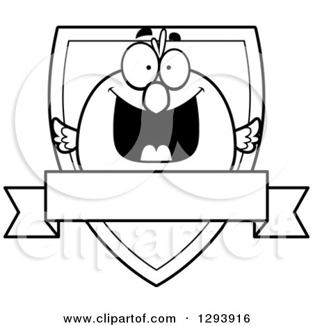 Clipart of a Badge or Label of a Happy Black and White Bird over a Shield and Blank Banner - Royalty Free Vector Illustration by Cory Thoman