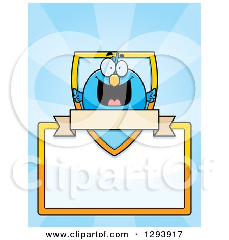 Clipart of a Badge or Label of a Happy Blue Bird with a Shield, Sign and Blank Banner over Rays - Royalty Free Vector Illustration by Cory Thoman