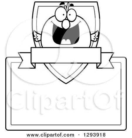Clipart of a Badge or Label of a Happy Black and White Bird with a Shield, Sign and Blank Banner - Royalty Free Vector Illustration by Cory Thoman