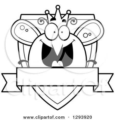 Clipart of a Badge or Label of a Black and White Happy Queen or King Bee over a Shield and Blank Banner - Royalty Free Vector Illustration by Cory Thoman
