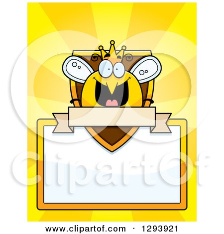 Clipart of a Badge or Label of a Happy Queen or King Bee over a Shield, Sign and Blank Banner over Yellow Rays - Royalty Free Vector Illustration by Cory Thoman