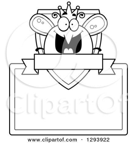 Clipart of a Badge or Label of a Black and White Happy Queen or King Bee over a Shield, Sign and Blank Banner - Royalty Free Vector Illustration by Cory Thoman